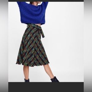 Zara plaid tartan tweed belted midi skirt
